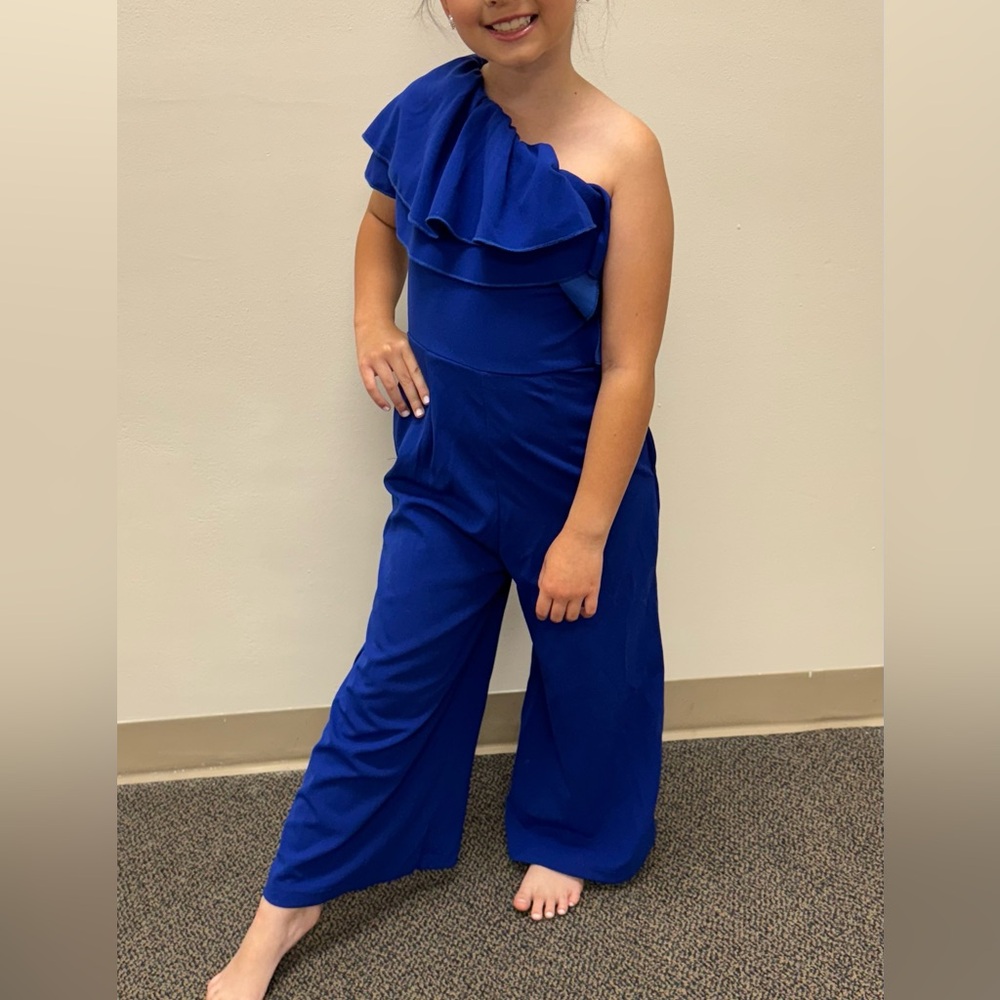 Girls Royal Blue Pageant One-Shoulder Ruffle Jumpsuit